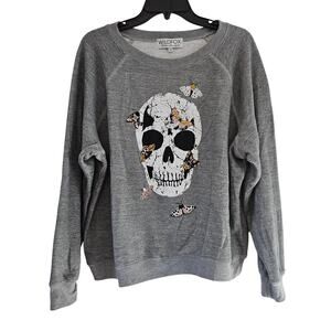 Wildfox Sommers Scoop Neck Moth Skull Skeleton Sweatshirt Heather Gray sz M